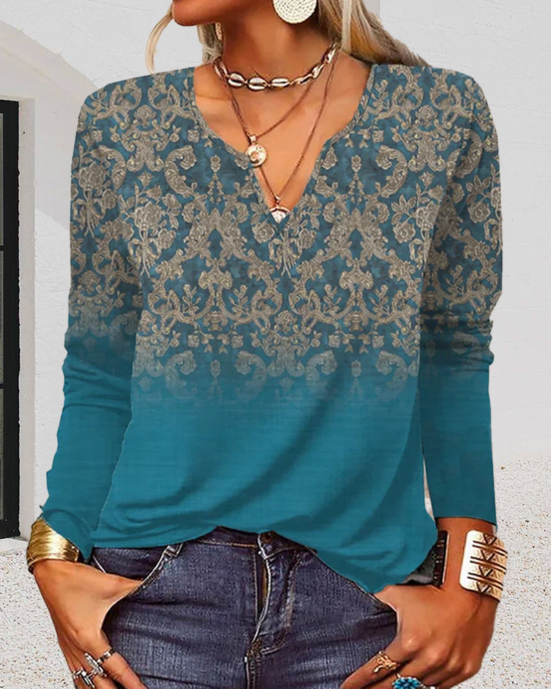Långärmad topp med V-ringad och tryck