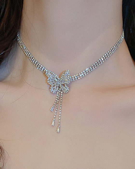 Rhinestone Butterfly Tofs Chain Halsband Örhängen