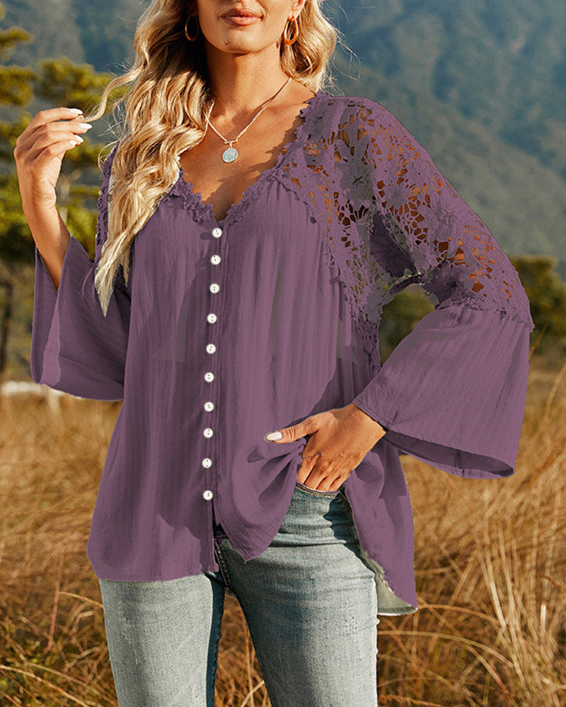 Långärmad Enfärgad Blus med Spetspanel