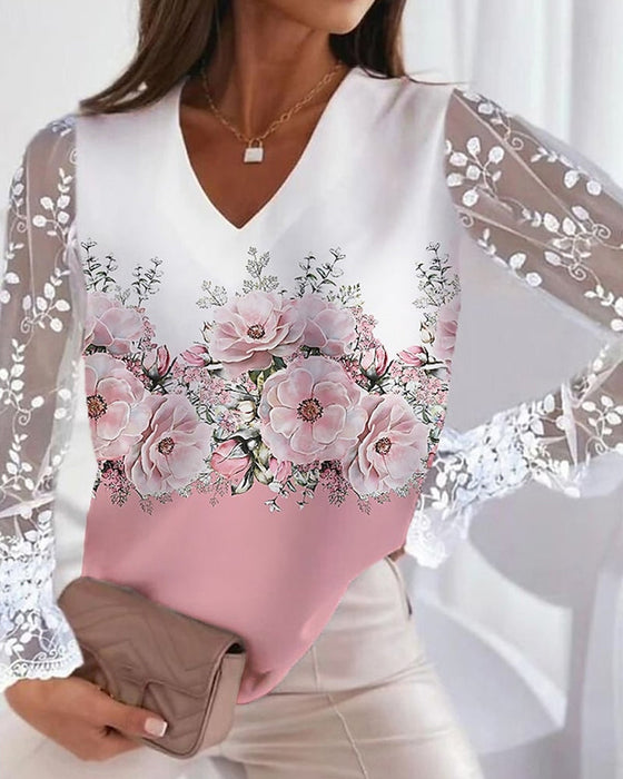 Blommigt tryck spetsärmar elegant topp