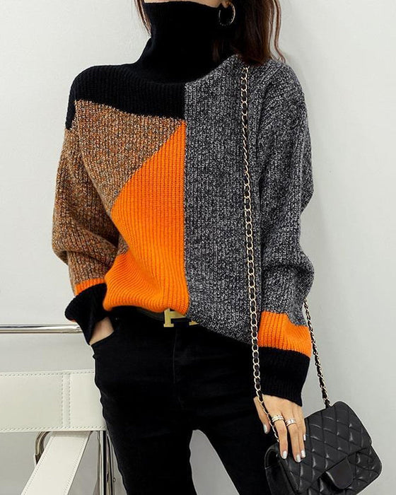 Färgblock Pullover med hög hals