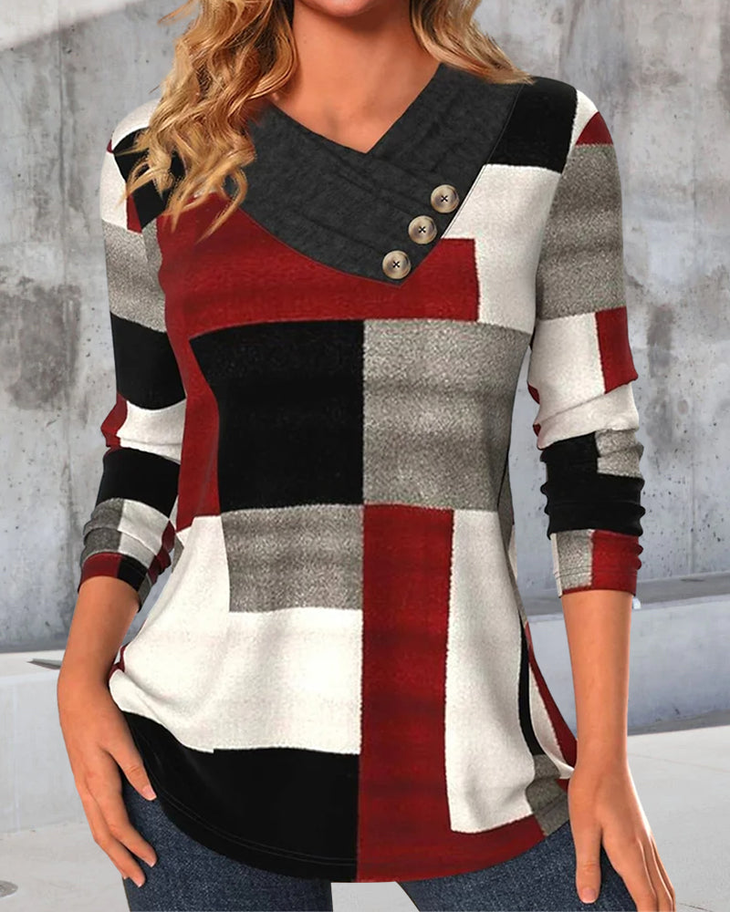 Färgblockad V-ringad långärmad topp