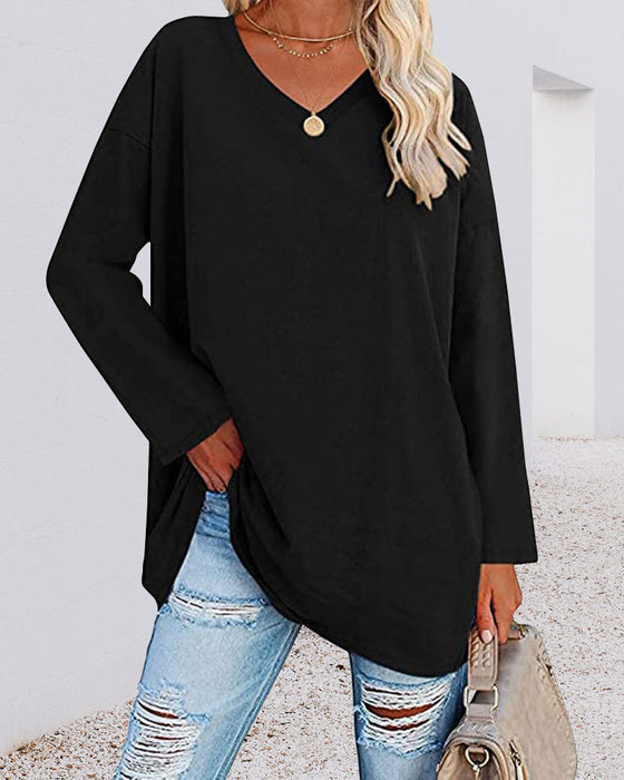 Enfärgad v-ringad långärmad dam t-shirt