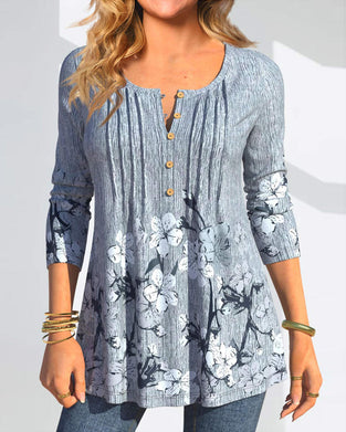 Blommig casual bluse med tryck och knappar