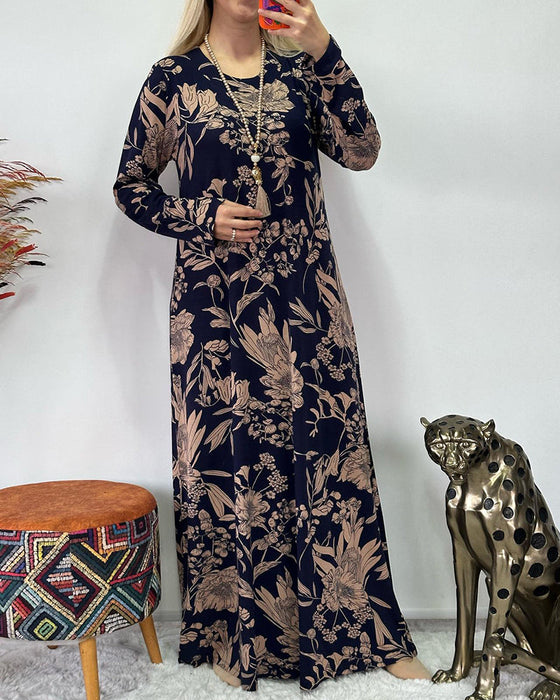 Klänning med rund hals och blommönster