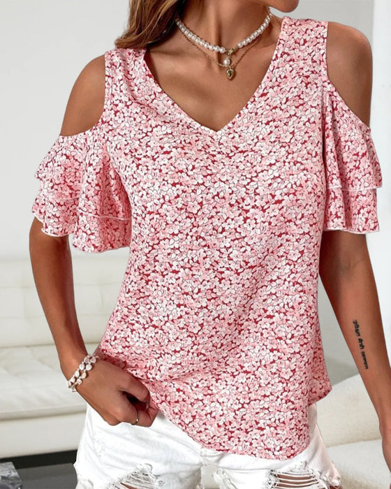 T-shirt med blommönster med kall axel