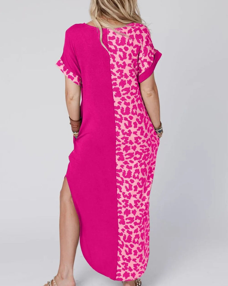 Leopardfärgsblock Klänning med rund hals