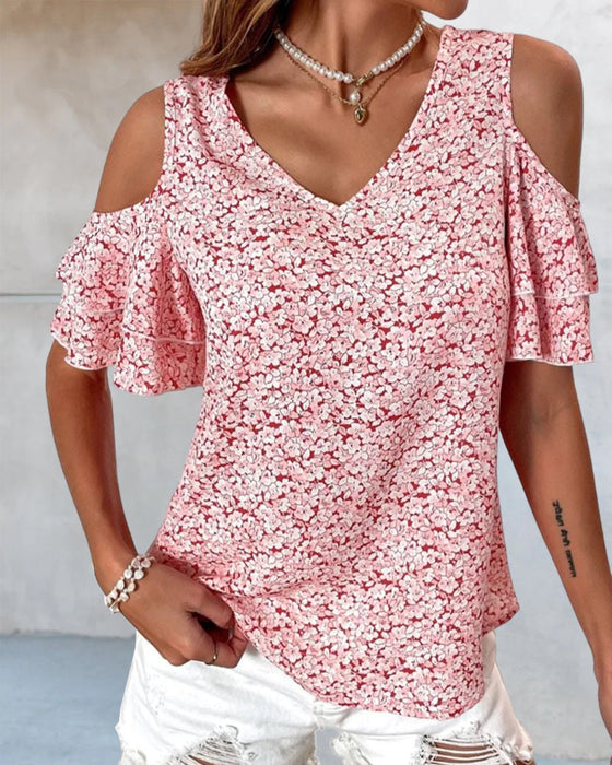 T-shirt med blommönster med kall axel