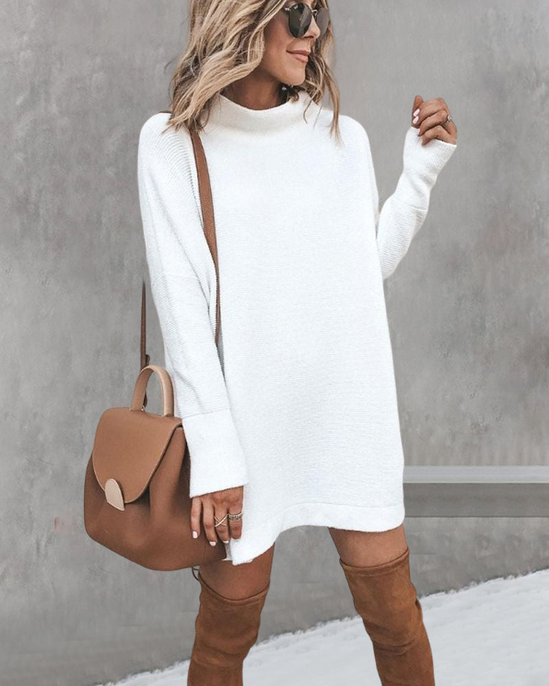 Enfärgad Casual Lös Klänning med Hög hals