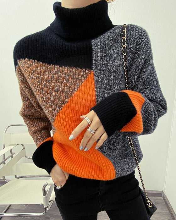 Färgblock Pullover med hög hals