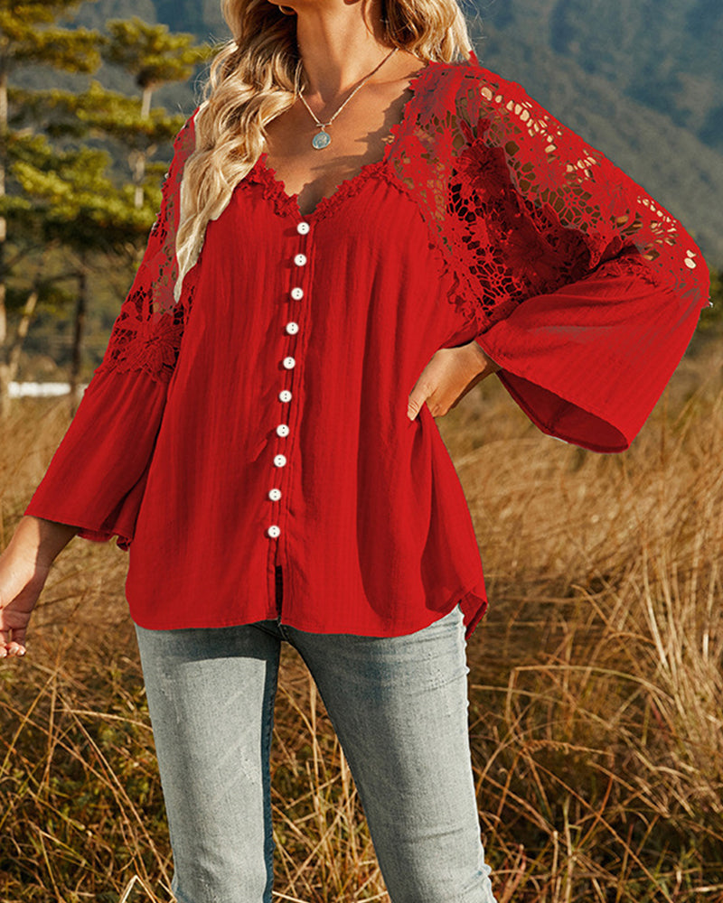 Långärmad Enfärgad Blus med Spetspanel