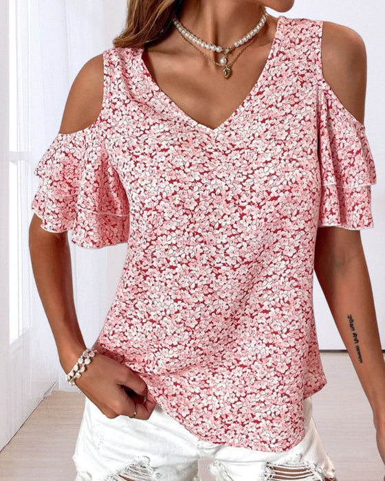 T-shirt med blommönster med kall axel