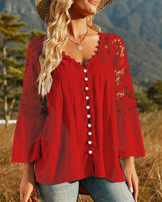 Långärmad Enfärgad Blus med Spetspanel