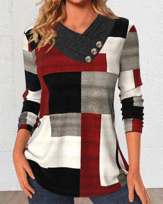 Färgblockad V-ringad långärmad topp