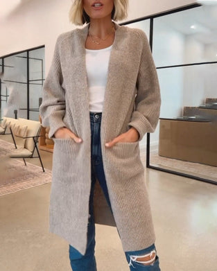 Enfärgad Elegant Cardigan Med Fickor