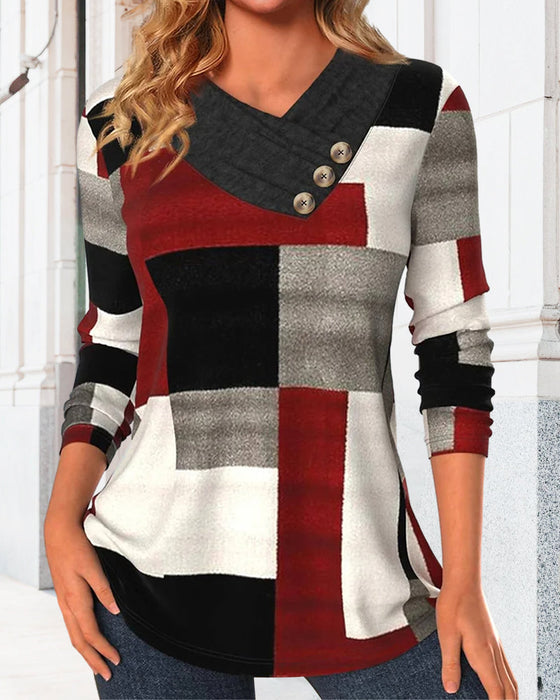 Färgblockad V-ringad långärmad topp